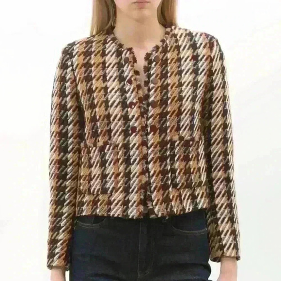 Sandro Jackets & Blazers - Sandro Paris Tweed Wool-Blend Cropped Houndstooth Marianne Jacket